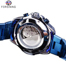 Forsining Mens Automatic Watch Blue Steel Band Calendar 3 Sub Dial Wristwatch Mechanical Waterproof Male Clock Relogio Masculino