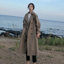 Korean Style Ladies Trench Coat Plaid Long Double Breasted Belted Oversize Loose Women Duster Coat Outerwear with Storm Flaps