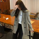 办公女士缺角翻领格子西装外套双排扣秋季夹克2021休闲口袋女士西服上衣