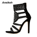 Aneikeh 女士时尚露趾水钻设计高跟凉鞋水晶脚踝缠绕亮片钻石角斗士款 黑色 尺码 35-42