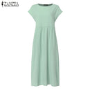 ZANZEA 2023 Summer Midi Dress Womens Sundress Vintage Short Sleeve Shirt Vestido Elegant Female O Neck Pleated Robe