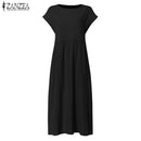 ZANZEA 2023 Summer Midi Dress Womens Sundress Vintage Short Sleeve Shirt Vestido Elegant Female O Neck Pleated Robe