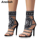 Aneikeh 女士时尚露趾水钻设计高跟凉鞋水晶脚踝缠绕亮片钻石角斗士款 黑色 尺码 35-42