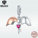 BISAER Romantic 925 Sterling Silver Lock Key Of Love Heart Pendant Charms Lock Shape Fit For DIY Silver Jewelry Making ECC844