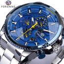 Forsining Mens Automatic Watch Blue Steel Band Calendar 3 Sub Dial Wristwatch Mechanical Waterproof Male Clock Relogio Masculino