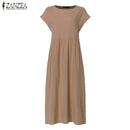 ZANZEA 2023 Summer Midi Dress Womens Sundress Vintage Short Sleeve Shirt Vestido Elegant Female O Neck Pleated Robe