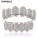 TOPGRILLZ Hip Hop GRILLZ Iced Out AAA Zircon Fang Mouth Teeth Grillz Caps Top &amp; Bottom Grill Set Men Women Vampire Grills