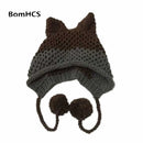 BomHCS 可爱狐狸耳朵豆豆帽 冬季保暖 100% 手工针织帽