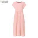 ZANZEA 2023 Summer Midi Dress Womens Sundress Vintage Short Sleeve Shirt Vestido Elegant Female O Neck Pleated Robe