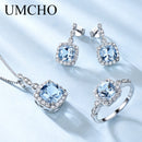 UMCHO 925纯银首饰套装天空蓝托帕石戒指吊坠耳钉，送女士婚礼情人节礼物，精美珠宝