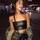 Casual PU Leather Soild Camisole Femme Slash Neck Ladies Streetwear Crop Top Chic Ring Straps Bodycon Black Skinny Camis Summer