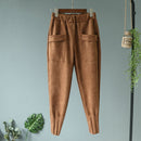 Casual Autumn Winter Women Pants Korean Elastic High Waist Pockets Suede Harem Pants Trousers Women Pantalon Femme