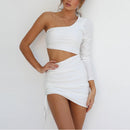 ZHYMIHRET  Fashion Fall One Shoulder Dress Women 2022 Sexy Ruched Waist Hollow Out Dresses Long Sleeve Vestido De Festa Longo