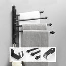 Bathroom Swivel Towel Bar with Hooks, Wall Mounted Swivel Arm Towel Rack Stainless Steel Black Towel Rail Holder with 4 Arms