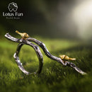 Lotus Fun 纯银925 天然手工设计师精品可调节戒指 女士枝头鸟戒指 Bijoux