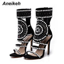 Aneikeh 女士时尚露趾水钻设计高跟凉鞋水晶脚踝缠绕亮片钻石角斗士款 黑色 尺码 35-42