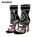 Aneikeh 女士时尚露趾水钻设计高跟凉鞋水晶脚踝缠绕亮片钻石角斗士款 黑色 尺码 35-42