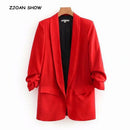 Chic Candy Solid Color Ruched Cuff Mid Long Blazer With Lining Woman Shawl Collar Slim fit Suit Casual Jacket Coat Outerwear
