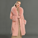 2020 Wool Coat Women Pied De Poule Natural Fox Fur Collar Cashmere Wool Blends Long Outerwear Ladies Streetwear