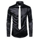 2pcs Silver Silk Shirt+Tie Mens Satin Smooth Tuxedo Shirts Casual Button Down Men Dress Shirts Wedding Party Prom Chemise Homme