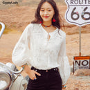 GypsyLady 真丝白色刺绣衬衫两件套 蕾丝透视衬衫 女士长灯笼袖性感时尚假日上衣