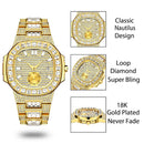 MISSFOX Luxury Men Watch Gold 18K Model Fully Paved Baguette Diamond Mens Watches Waterproof Calendar Male Clock Hours