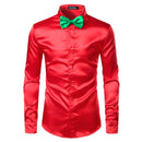 2pcs Silver Silk Shirt+Tie Mens Satin Smooth Tuxedo Shirts Casual Button Down Men Dress Shirts Wedding Party Prom Chemise Homme