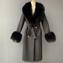 2020 Wool Coat Women Pied De Poule Natural Fox Fur Collar Cashmere Wool Blends Long Outerwear Ladies Streetwear