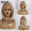 Medium Length Ombre Brown to Blonde Straight Hair Wigs with Bangs Synthetic Wigs for Women Cosplay Heat Resistant Natural Wigs