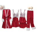 Black Sexy Women Robe Set Faux Silk Kimono Bathrobe Gown 5PCS Sleepwear Suit Hollow Out Lace Nightgown Home Wear Wedding Gift
