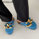 SUOJIALUN  New Brand Design Gold Chain Women Slipper Closed Toe Slip On Mules Shoes Round Toe Low Heels Casual Slides Flip Flop