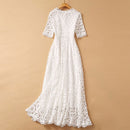VGH Elegant White Maxi Dress For Women V Neck Half Sleeve High Waist Hollow Out Slim Dresses Women 2022 Spring New Style Fashion