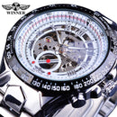 Forsining Waterproof Golden Black Skeleton Clock Two Button Decoration Mechanical Wrist Watches for Men Black Genuine Leather