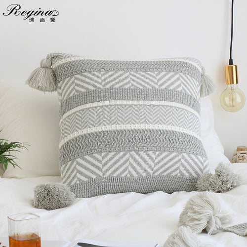 REGINA Baroco Decor Knitted Cushion Cover Gray Stripe Tassel Design Pillow Case Cotton Super Soft Sofa Car Nordic Pillow Cover