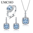 UMCHO 925纯银首饰套装天空蓝托帕石戒指吊坠耳钉，送女士婚礼情人节礼物，精美珠宝