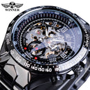 Forsining Waterproof Golden Black Skeleton Clock Two Button Decoration Mechanical Wrist Watches for Men Black Genuine Leather