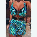 Glisten Rhombic Sequins Two Piece Set Hollow Out Metal Chain Crop Tops Sexy Mini Skirt Summer Rave Festival Lady Outfits