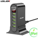 USLION USB充电器 5端口LED显示屏 多USB手机桌面充电器 欧规 美规 英规插头 带数显旅行墙壁充电器适配器