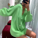 MUICHES 休闲V领单排扣毛衣女灯笼袖珍珠纽扣纯色宽松开衫2021新时尚
