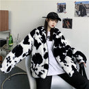 Korean Winter New Fashion Coat Harajuku Cows Printing Loose Full Sleeve Leather Jacket Vintage Flannel Keep Warm Cotton Clothes