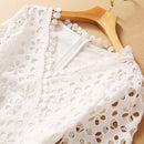 VGH Elegant White Maxi Dress For Women V Neck Half Sleeve High Waist Hollow Out Slim Dresses Women 2022 Spring New Style Fashion