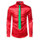 2pcs Silver Silk Shirt+Tie Mens Satin Smooth Tuxedo Shirts Casual Button Down Men Dress Shirts Wedding Party Prom Chemise Homme
