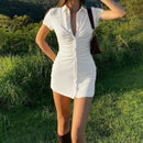Women Elegant Short Sleeve Skinny Mini Dress Summer Turn-Down Collar Ruched Shirt Dress Green Blue Slim Party Dresses Vestido