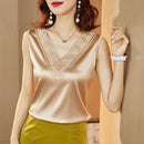 2022 Summer Fashion Silk Womens Blouses Satin Tops Woman Shirts Embroidery Sleeveless Ladies Top V-neck Lace OL Women Clothing