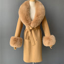 2020 Wool Coat Women Pied De Poule Natural Fox Fur Collar Cashmere Wool Blends Long Outerwear Ladies Streetwear