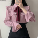Ruffled Bow Tie Top Autumn Basic Office Lady Work Wear Flare Sleeve Cute Women Single Breasted Button Solid White Shirts Blouses