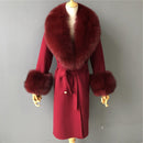 2020 Wool Coat Women Pied De Poule Natural Fox Fur Collar Cashmere Wool Blends Long Outerwear Ladies Streetwear