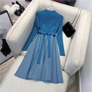 ALPHALMODA High Collar A-line Knit Dress Women's 2019 New Thickened Arrow Striped Women Elegant Sashes Knitted Dress