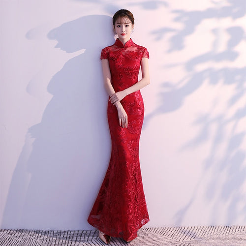 蕾丝美人鱼中式旗袍长款修身优雅连衣裙大码3XL敬酒服复古红色新娘婚纱旗袍 S-203