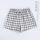 Couple pajamas summer cotton gauze shorts Japanese style simple elastic waist casual large size lattice men and women home pants